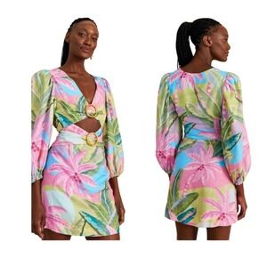 Farm Rio Tropical Floral Print Mini Dress Long Puff Sleeve Cutout Party Vacation